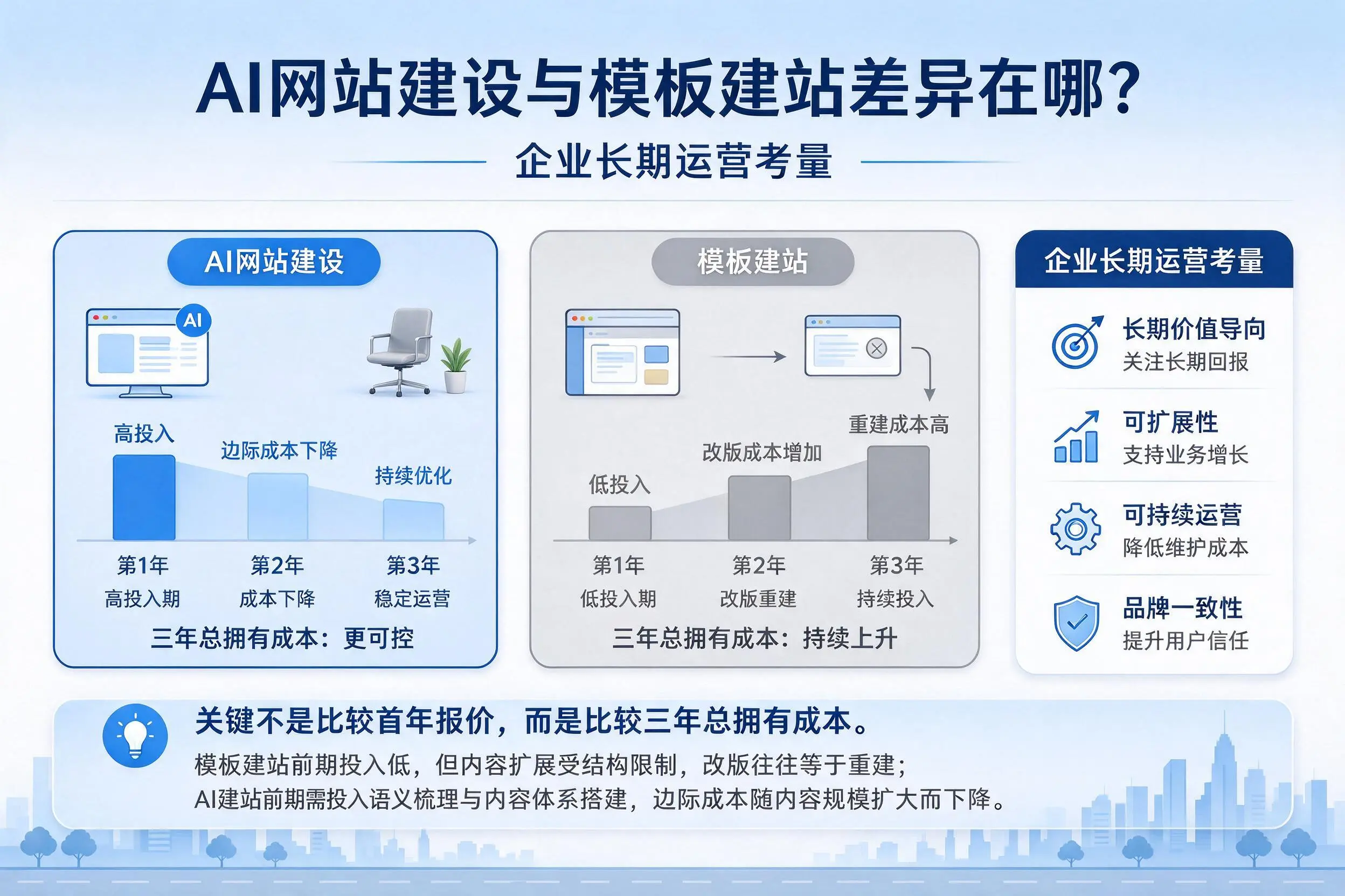 AI网站建设与模板建站差异在哪？杭州企业长期运营考量