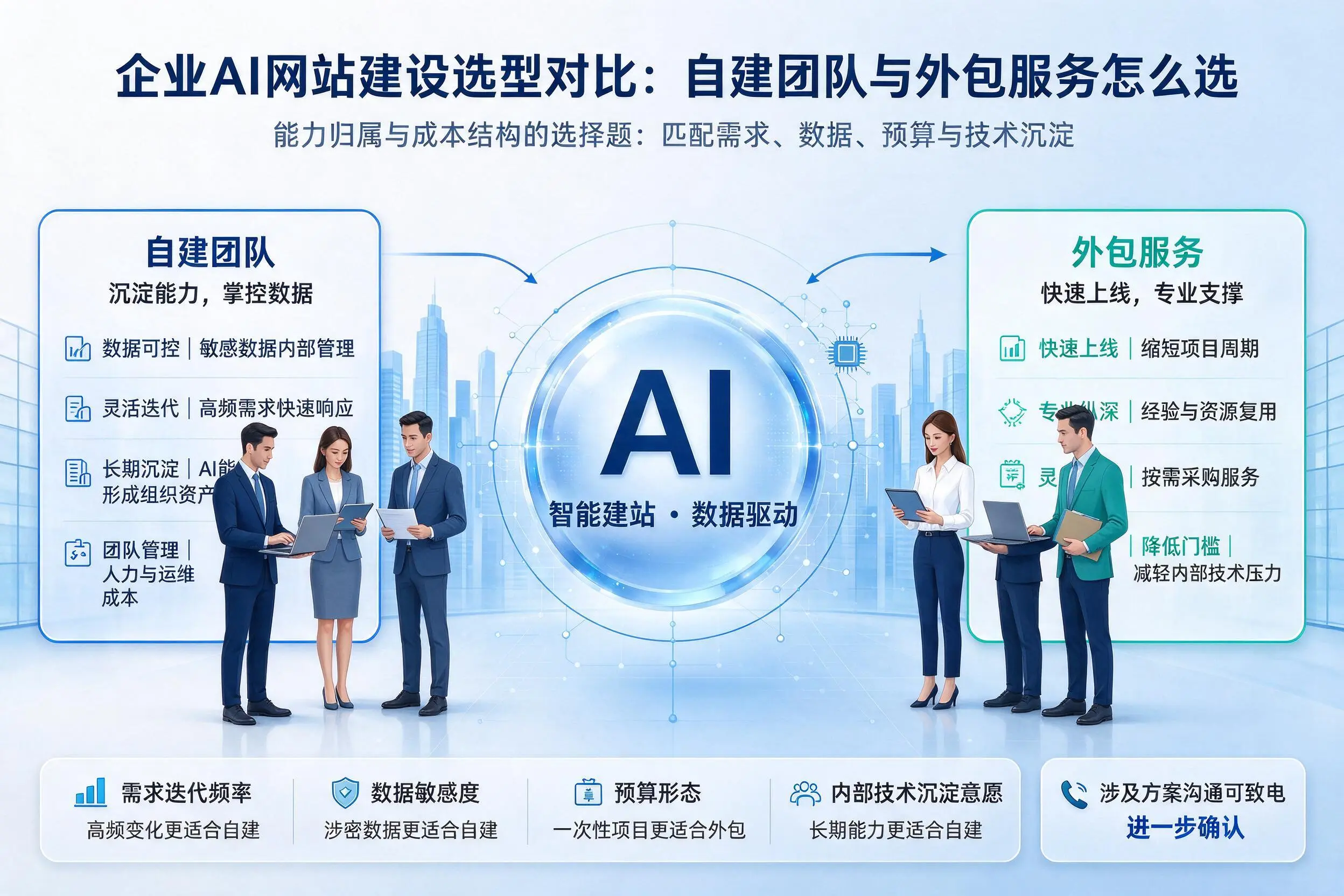 杭州企业AI网站建设选型对比:自建团队与外包服务怎么选